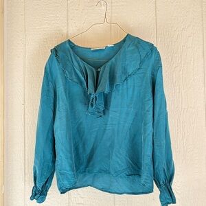 Silk Ruffle Aqua Blue Blouse S/Large Has Flaws !!